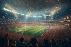 Fußball Stadion mit Fans und Beleuchtung im das Hintergrund. 3d Rendern ai generiert foto