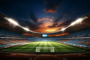 Abend Aussicht von ein modern und schön Fußball Stadion mit Flutlichter ai generiert foto