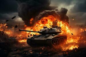 Krieg Konzept. Militär- Silhouetten Kampf Szene Panzer auf Krieg Nebel Himmel Hintergrund, ai generiert foto