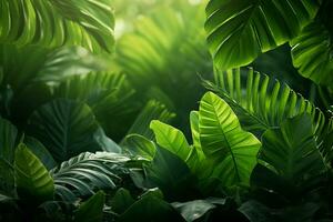 dunkel Grün tropisch Blätter Hintergrund. oben Sicht, eben legen, Kopieren Raum ai generiert foto