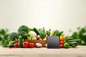gesund Essen Konzept mit frisch Gemüse und Handy, Mobiltelefon Telefon auf Weiß Hintergrund ai generiert foto