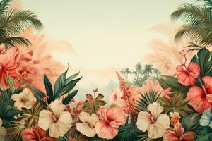 tropisch Hintergrund mit Palme Blätter und Hibiskus Blumen ai generiert foto