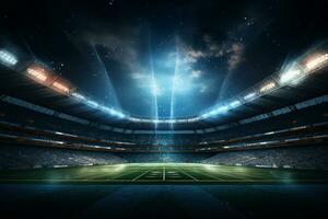 Fußball Stadion beim Nacht mit Beleuchtung und Fackeln. 3d Rendern ai generiert foto