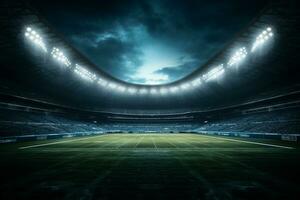 Fußball Stadion beim Nacht mit Beleuchtung und Fackeln. 3d Rendern ai generiert foto