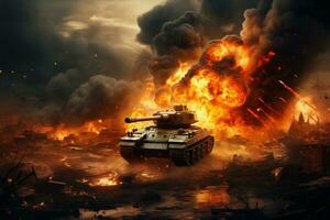 Krieg Konzept. Militär- Silhouetten Kampf Szene auf Panzer Krieg Nebel Himmel Hintergrund, ai generiert foto