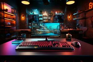 Cyberpunk Spieler Arbeitsplatz mit persönlich Computer und Spielen Zubehör. 3d Rendern ai generiert foto