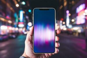 männlich Hand halten Handy, Mobiltelefon Telefon mit leer Bildschirm auf verschwommen Nacht Stadt Hintergrund. ai generiert foto