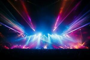 Konzert Menge im Vorderseite von ein hell Bühne mit Beleuchtung und Rauch ai generiert foto