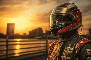 Rennen Treiber mit Helm auf das Hintergrund von ein schön Sonnenuntergang. ai generiert foto