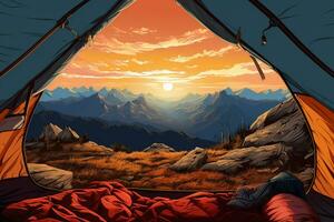Camping im das Berge beim Sonnenuntergang. Vektor Illustration zum Ihre Design ai generiert foto