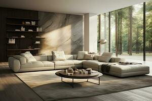 Innere von modern Leben Zimmer mit Weiß Wände, hölzern Boden, Beige Sofas mit Kissen und Kaffee Tisch. 3d Rendern ai generiert foto