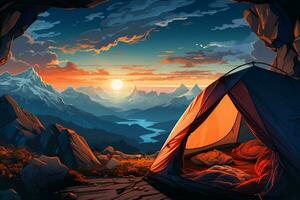 Camping im das Berge beim Sonnenuntergang. Vektor Illustration zum Ihre Design ai generiert foto