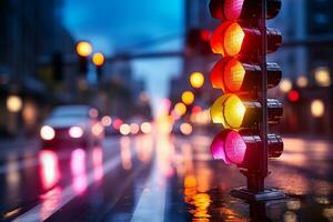 der Verkehr Signal Licht auf das Straße im das Stadt. verschwommen Hintergrund. ai generiert foto