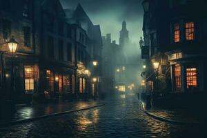 alt Stadt, Dorf Straße beim Nacht mit Nebel und Beleuchtung, Brügge, Belgien ai generiert foto