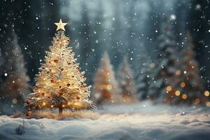 Weihnachten Baum im Winter Wald mit Schneeflocken. Weihnachten Hintergrund. ai generiert foto