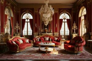 Luxus königlich Innere von königlich Palast mit rot Samt Sofa und Gold Wände ai generiert foto