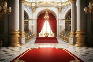 Innere von königlich Palast mit rot Teppich und golden Stufen. 3d rendern ai generiert foto