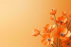 Blumen Komposition. Mohnblumen auf Orange Hintergrund. eben legen, oben Sicht, Kopieren Raum ai generiert foto