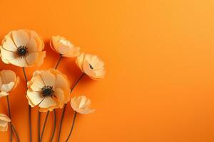 Blumen Komposition. Mohnblumen auf Orange Hintergrund. eben legen, oben Sicht, Kopieren Raum ai generiert foto