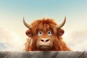 komisch Gesicht von ein rot Kuh mit groß Hörner und groß Augen ai generiert foto
