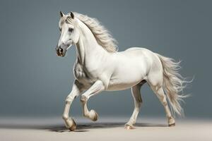 Pferd Stehen im Vorderseite von ein Weiß Hintergrund. isoliert Bild. ai generiert foto