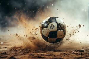 Fußball Ball brechen durch das Sand mit Rauch. 3d Illustration ai generiert foto