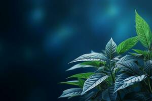 tropisch Blätter auf dunkel Blau Hintergrund. 3d machen Illustration ai generiert foto