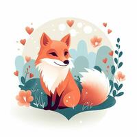 Vektor Illustration von ein süß Fuchs auf ein Hintergrund von Blumen und Herzen. ai generiert foto