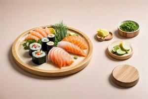 lecker frisch Meeresfrüchte Teller mit Sushi Sashimi und Wasabi generativ ai foto