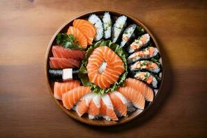 Gourmet frisch Meeresfrüchte Teller mit Sushi Sashimi und Wasabi durch generativ ai foto