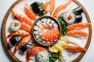 verführerisch und köstlich frisch Meeresfrüchte mit Sushi, Sashimi und Wasabi durch generativ ai foto