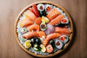 verführerisch und köstlich frisch Meeresfrüchte mit Sushi, Sashimi und Wasabi durch generativ ai foto