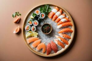 verführerisch und köstlich frisch Meeresfrüchte mit Sushi, Sashimi und Wasabi durch generativ ai foto