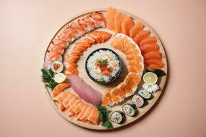 verführerisch und köstlich frisch Meeresfrüchte mit Sushi, Sashimi und Wasabi durch generativ ai foto