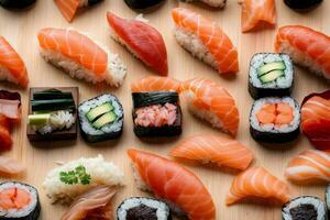 lecker Meeresfrüchte Freude mit Sushi, Sashimi und Wasabi durch generativ ai foto