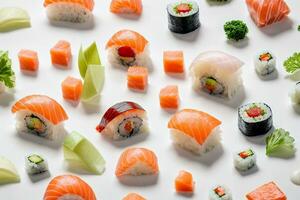 Gourmet Meeresfrüchte Präsentation mit Sushi, Sashimi und Wasabi durch generativ ai foto