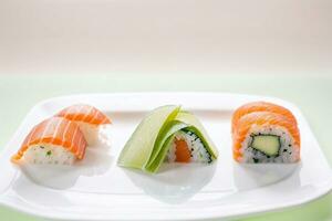 Gourmet Meeresfrüchte Präsentation mit Sushi, Sashimi und Wasabi durch generativ ai foto