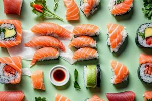 Gourmet Meeresfrüchte Präsentation mit Sushi, Sashimi und Wasabi durch generativ ai foto