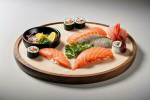 verlockend frisch Meeresfrüchte Freude mit Sushi, Sashimi und Wasabi durch generativ ai foto