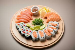 verlockend frisch Meeresfrüchte Freude mit Sushi, Sashimi und Wasabi durch generativ ai foto