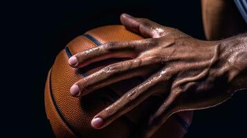 Nahansicht Schuss von Hände halten ein Basketball. generativ ai foto