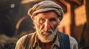 ein Alten Farmer Mann Sitzung im seine traditionell Kleidung. generativ ai foto