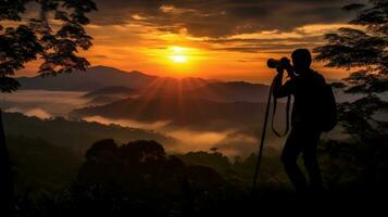 Fotograf nehmen ein Sonnenuntergang Sicht. generativ ai foto