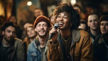 ein Sänger Singen im ein unter Tage Bar. generativ ai foto