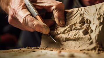 Nahansicht von ein Bildhauer Hände Carving Marmor. generativ ai foto