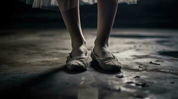 Nahansicht von ein Ballerinas Füße. generativ ai foto