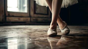 Nahansicht von ein Ballerinas Füße. generativ ai foto