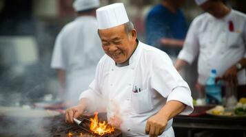 ein asiatisch Koch Kochen traditionell Chinesisch Teller. generativ ai foto