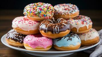 bunt Donuts auf ein Platte. generativ ai foto