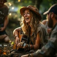 ein Gruppe von Gitarre spielen freunde haben Spaß auf das Rasen auf ein Frühling Tag. generativ ai foto